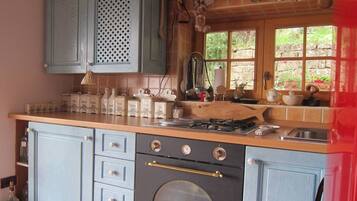 Coffee/tea maker, fridge, microwave, oven