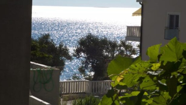 Une vue sur la côte, avec une maison et un arbre au premier plan.