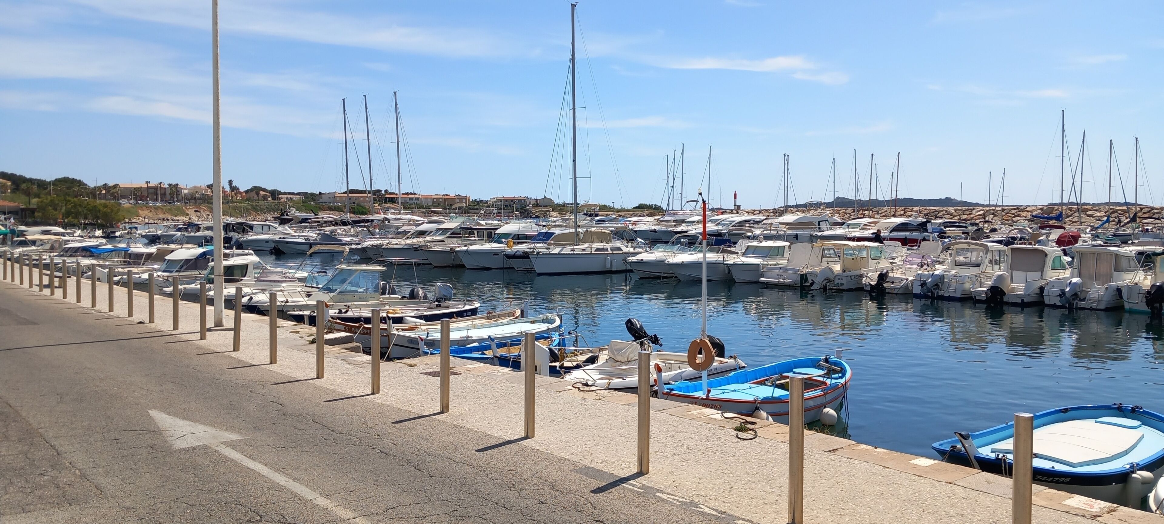A marina with numerous boats docked along a paved walkway.