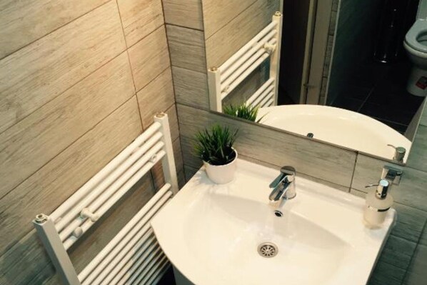 A bathroom with a white sink, a mirror, a potted plant, and a towel rack. - Studio Apartment with Terrace and Pool (Rakovica)