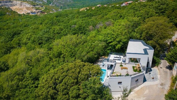 A modern villa with a swimming pool, surrounded by lush greenery and mountains. - Wellness Villa- Four Bedroom Villa with Swimming pool (Grizane)