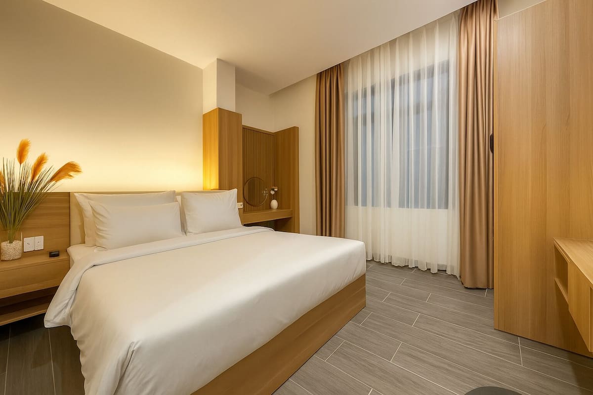 Moderni hotellihuone, jossa on suuri sänky, puinen pääty, yöpöytä maljakolla ja suuri ikkuna, jossa on läpikuultavat verhot.