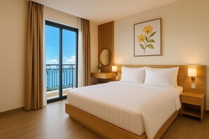 ห้องพรีเมียร์ดับเบิล, อ่างอาบน้ำสำหรับผู้ต้องการความช่วยเหลือพิเศษ, ระเบียง | เครื่องนอนระดับพรีเมียม, โต๊ะทำงาน, ห้องเก็บเสียง, Wi-Fi ฟรี
