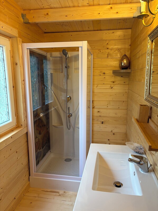 Shower, hair dryer, soap, toilet paper