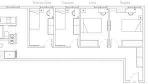 En planritning över ett hotell med fyra rum som är namngivna Buenos Aires, Caracas, Lima och Bogotá. Varje rum har ett badrum, en säng och en liten sittgrupp.