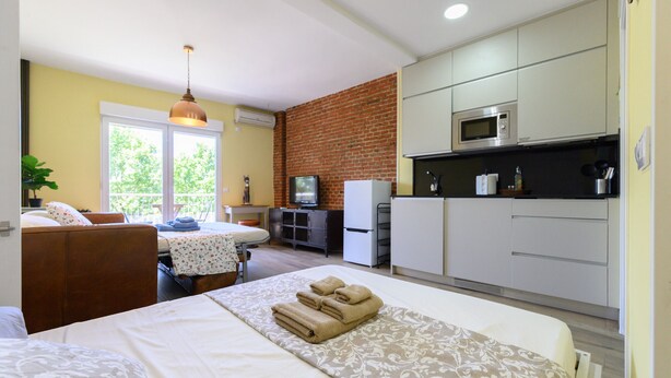 A compact hotel room with a bed, a small kitchenette, a television, and a window with a view of greenery. - Studio with balcony - Everything you need for a perfect stay in Madrid (Madrid)