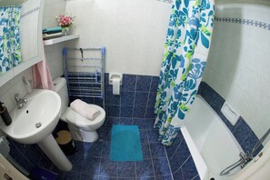 Hair dryer, towels, soap, toilet paper