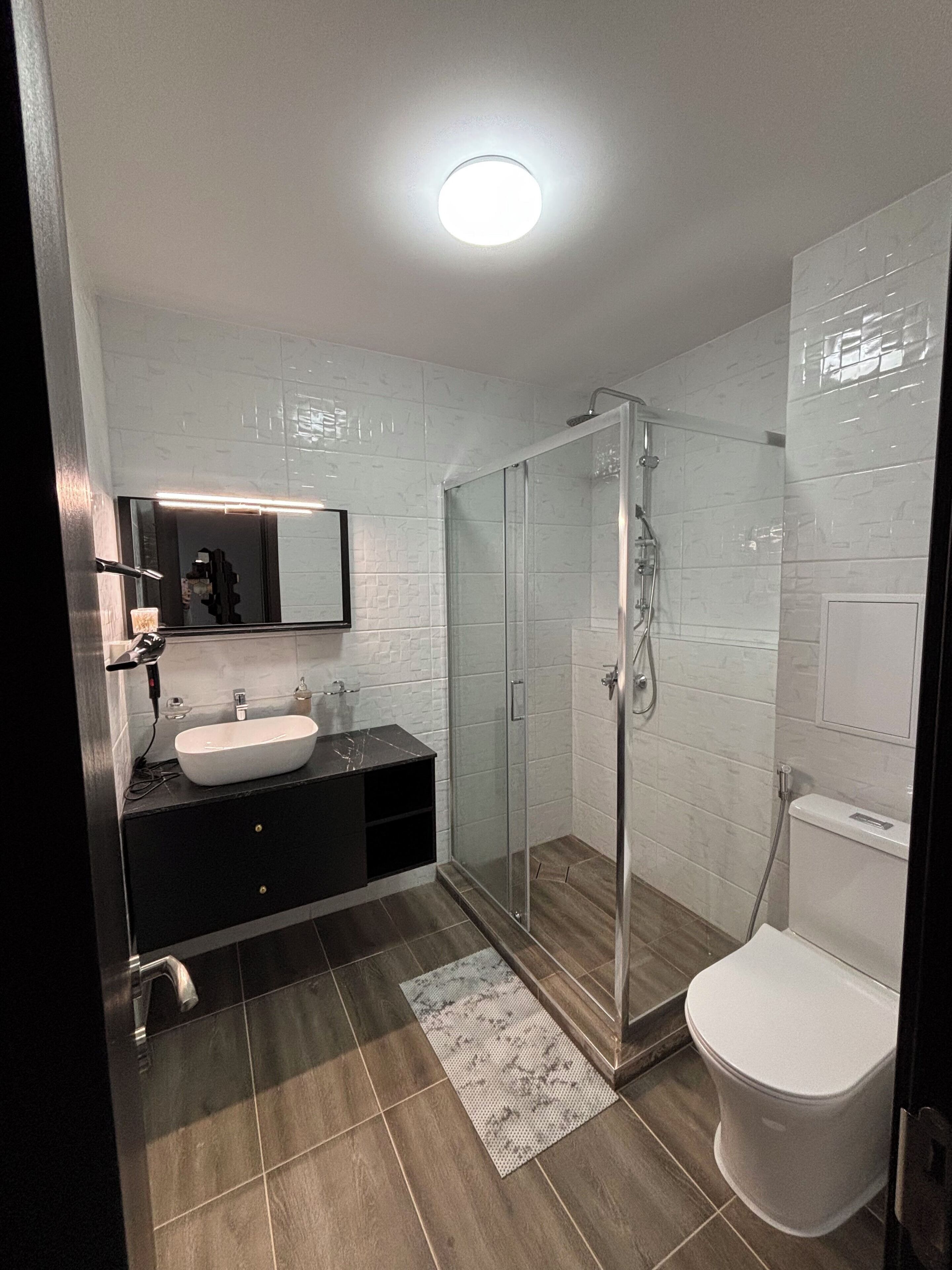 Hair dryer, bidet, towels, soap