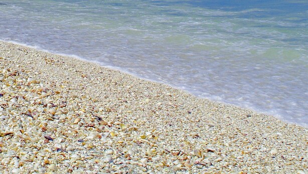 A beach with clear turquoise water and a pebbly shore.