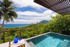 Una piscina con vistas despejadas al océano y un paisaje verde exuberante.