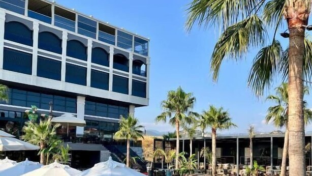 Un resort con piscina, sillones de descanso, sombrillas y palmeras.