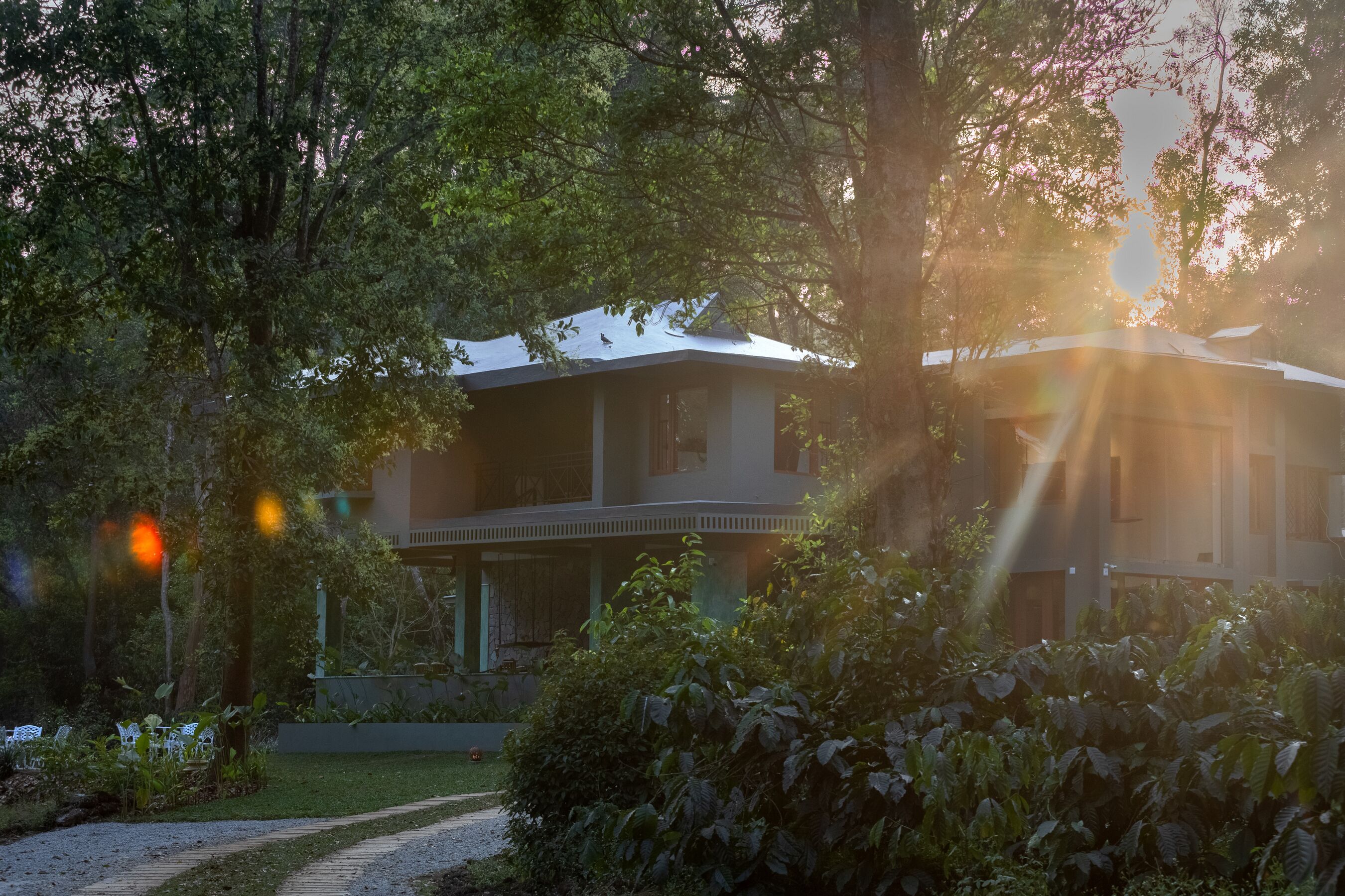 Une maison à deux étages dotée d’un porche abrité, entourée d’une végétation luxuriante et d’arbres.