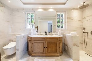 Shower, hair dryer, towels