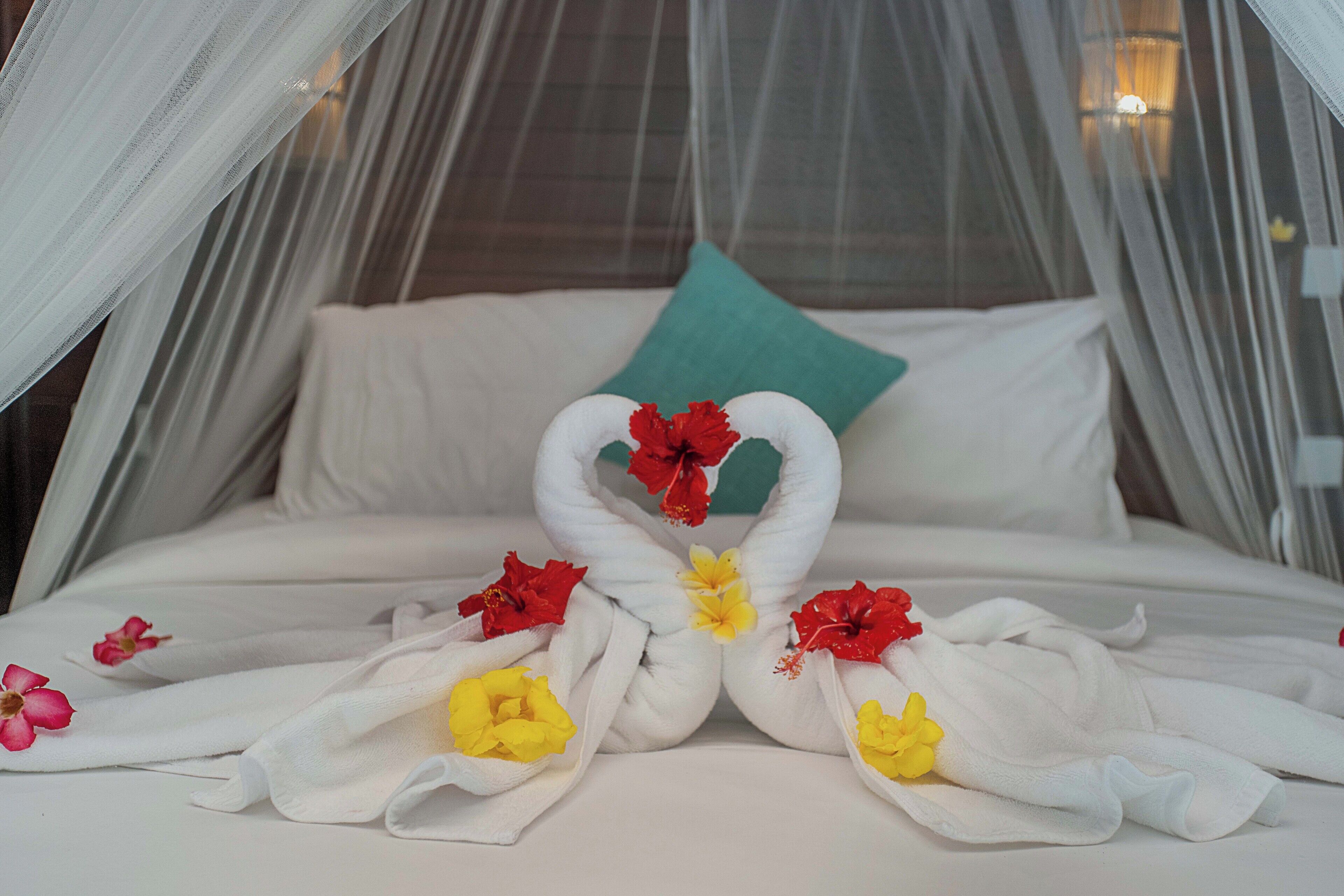 A bed with a canopy, white linens, and a teal pillow.