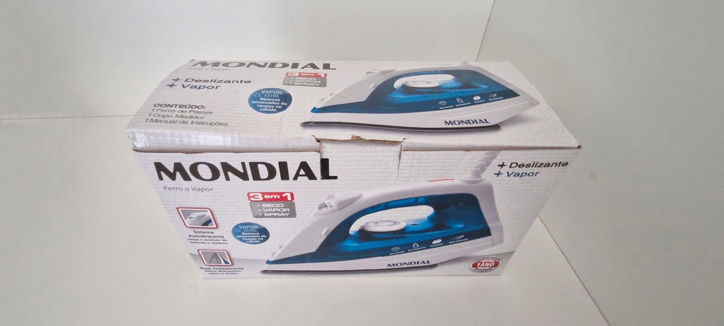 Two Mondial brand iron boxes with a steam function, a 3-in-1 feature, and a manual included.