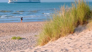 A beach with a cruise ship in the background and a person standing on the sand. - Bayside Apartment in Bleriot-plage (Frethun)
