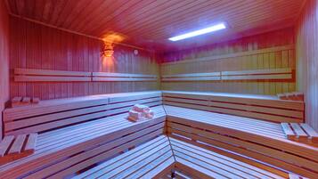 A sauna with wooden benches arranged in a semi-circular pattern, a ventilation system, and a ceiling light.