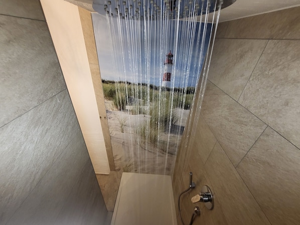 Shower, hair dryer, towels, toilet paper