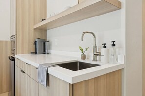 Fridge, microwave, coffee/tea maker, toaster