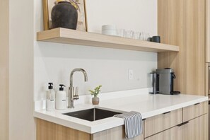 Fridge, microwave, coffee/tea maker, toaster