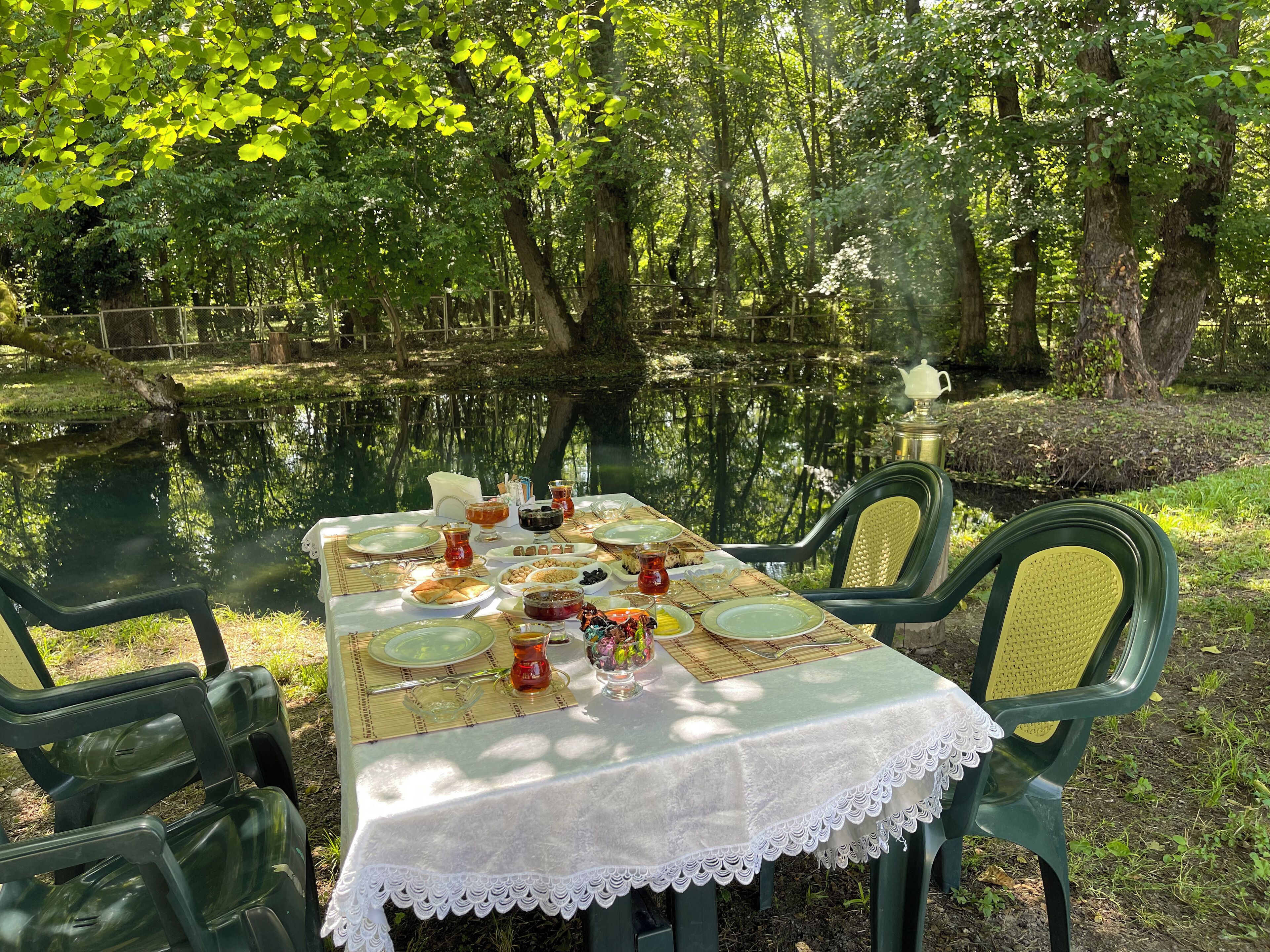 A dining table set outdoors with chairs, surrounded by a natural setting with trees and a body of water.