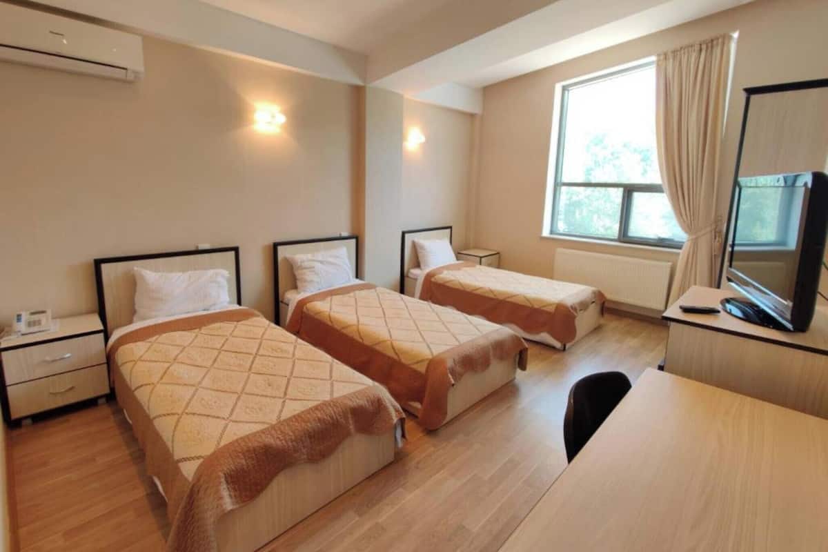 A hotel room with two single beds, a desk with a TV, and a window with curtains.
