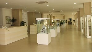 A spacious hotel lobby with a long reception desk, glass display cases, and potted plants. - Chukhur Gabala Museum Hotel (Gabala)