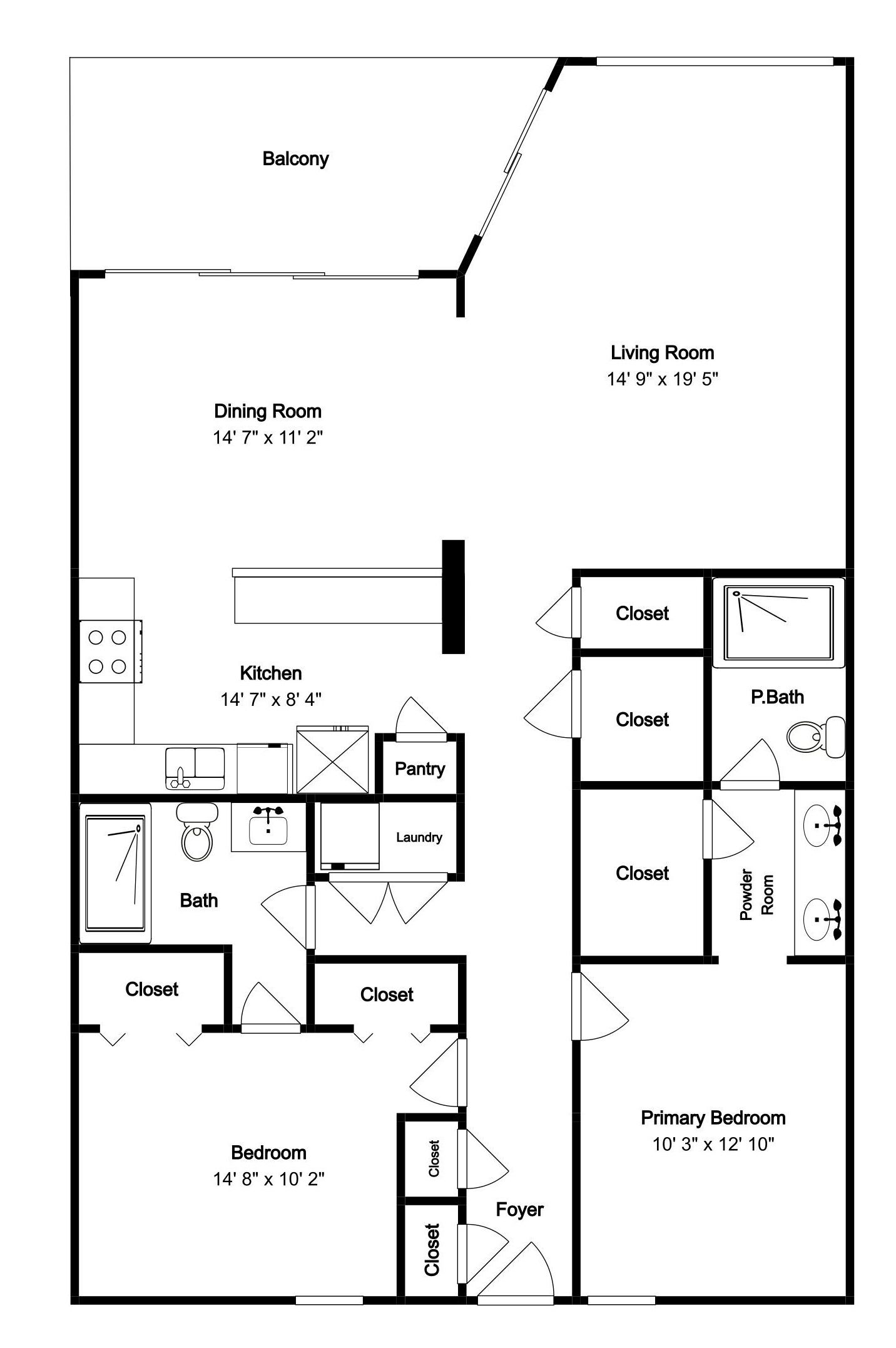 A floor plan of a house with a balcony, dining room, kitchen, bathroom, bedroom, and living room.