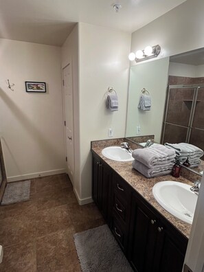 Shower, hair dryer, towels