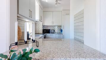 Microwave, dishwasher, coffee/tea maker, cookware/dishes/utensils