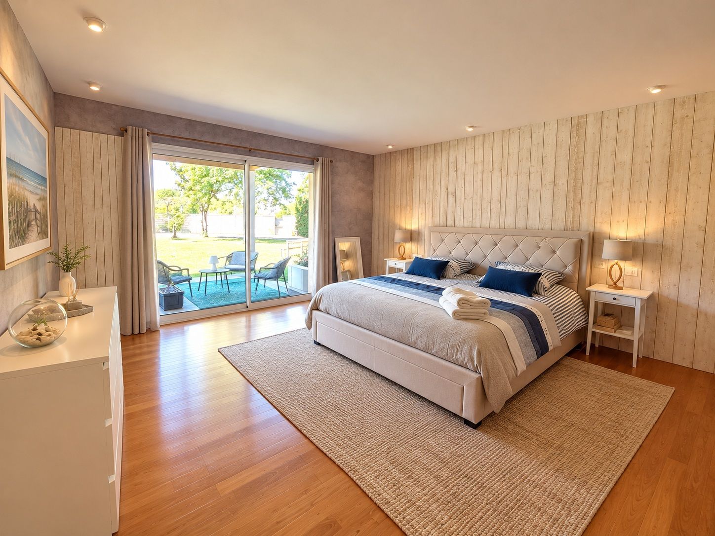 Ein modernes Schlafzimmer mit einem großen Bett, Ausblick ins Freie, einem kleinen Tisch und einem Sessel.