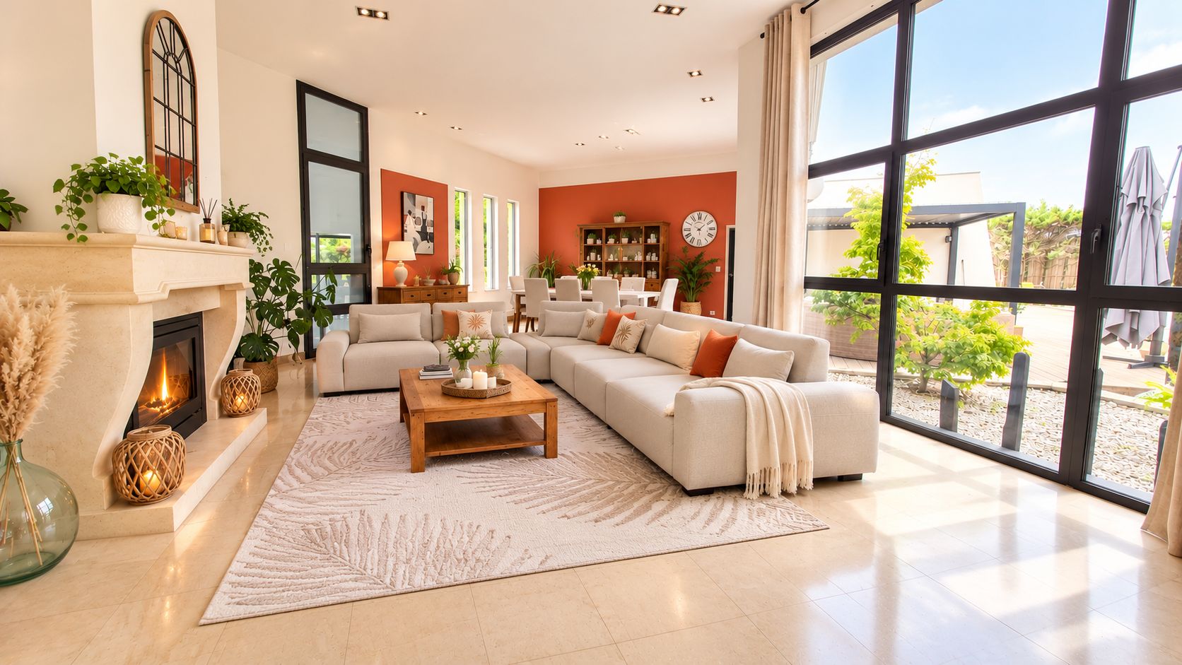 A spacious living room with a fireplace, large windows, and a cozy seating area.