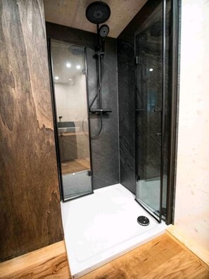 Shower, towels, soap, toilet paper