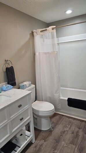Une salle de bain avec des toilettes, un lavabo avec une serviette et un rideau de douche.