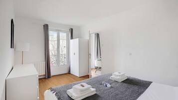 1 bedroom, laptop workspace, iron/ironing board, bed sheets