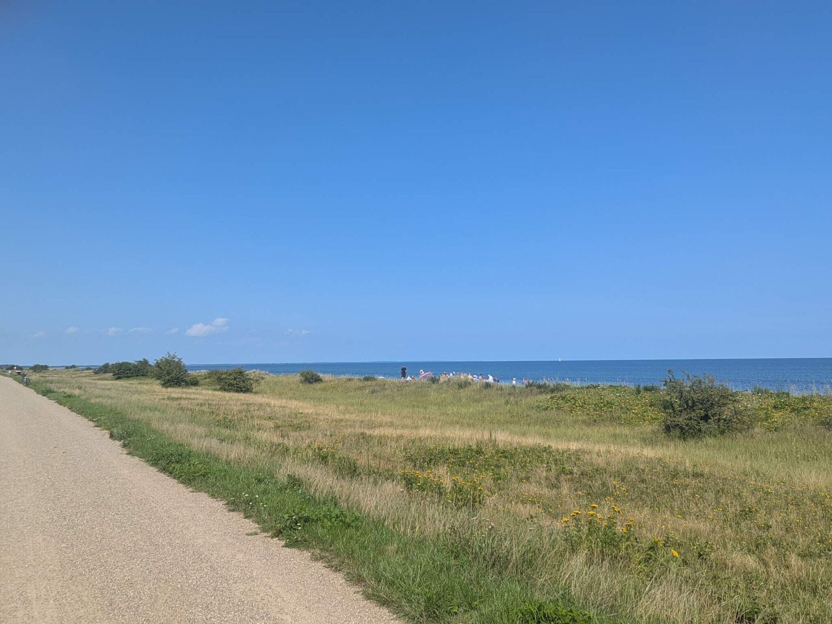 Una carretera costera con cielo despejado, campos verdes y una vista distante del mar.