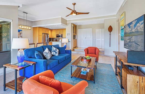 Colorful coastal living room with modern finishes and tropical flair.    KGV-24P2