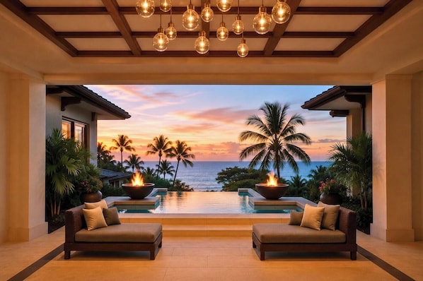 A luxurious indoor pool area with a sunset view, two sofas, and a fire feature.