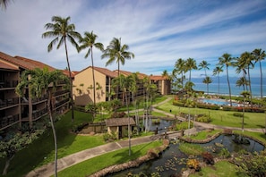 A resort with multiple-story buildings, a swimming pool, palm trees, and a small pond.
