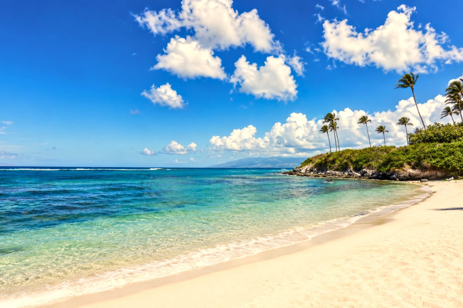 A beach with clear turquoise water, white sand, and palm trees under a blue sky with clouds.