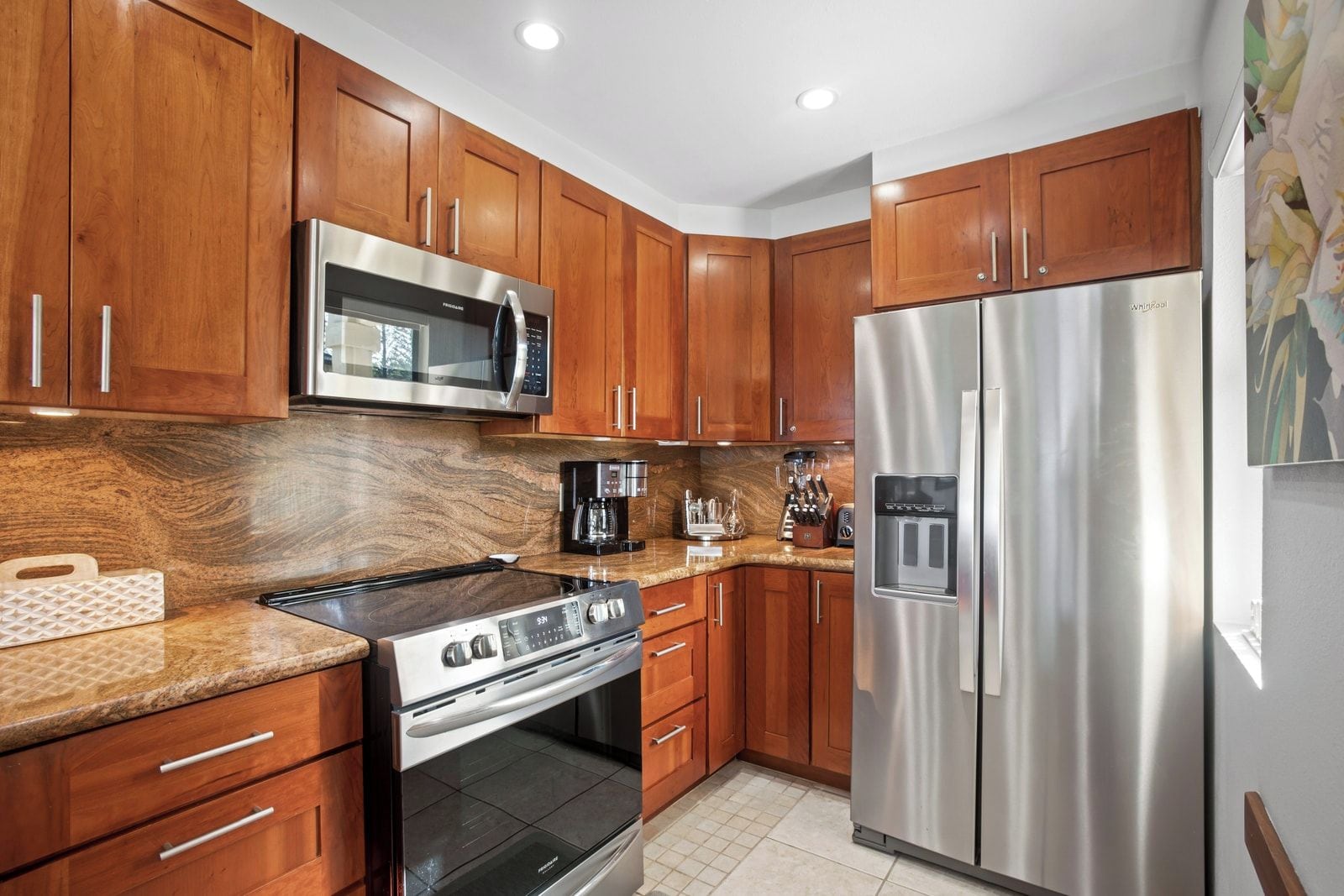This glossy wood-toned kitchen feels like a warm hug—where coffee brews strong, and breakfasts come with a tropical twist   KGV-24T1
