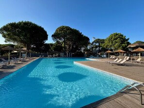 A swimming pool with lounge chairs and umbrellas, surrounded by trees and buildings.