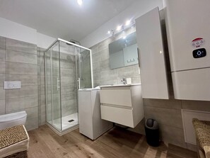 Shower, hair dryer, towels