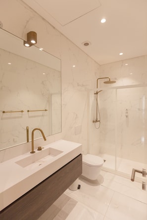 Shower, hair dryer, towels, shampoo