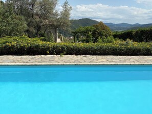 A swimming pool with a stone border, surrounded by greenery and trees, with a mountainous landscape in the background. - Villa with swimming pool in the hills above Lodève (Lodève)
