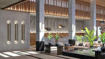 A spacious lobby with high ceilings, a central seating area, and a water feature.