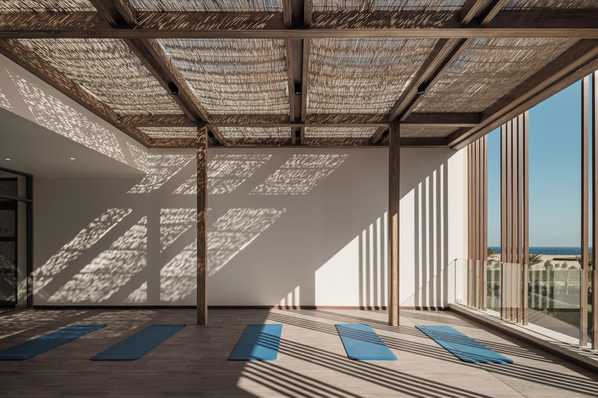 Una habitación amplia con techo alto, ventanas grandes y esterillas de yoga en el suelo.