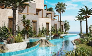A poolside view with a curved pool, palm trees, and a building with wooden balconies. - JAZ Elite Riviera (Marsa Alam)