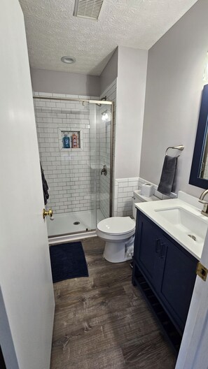 Shower, towels, soap, toilet paper