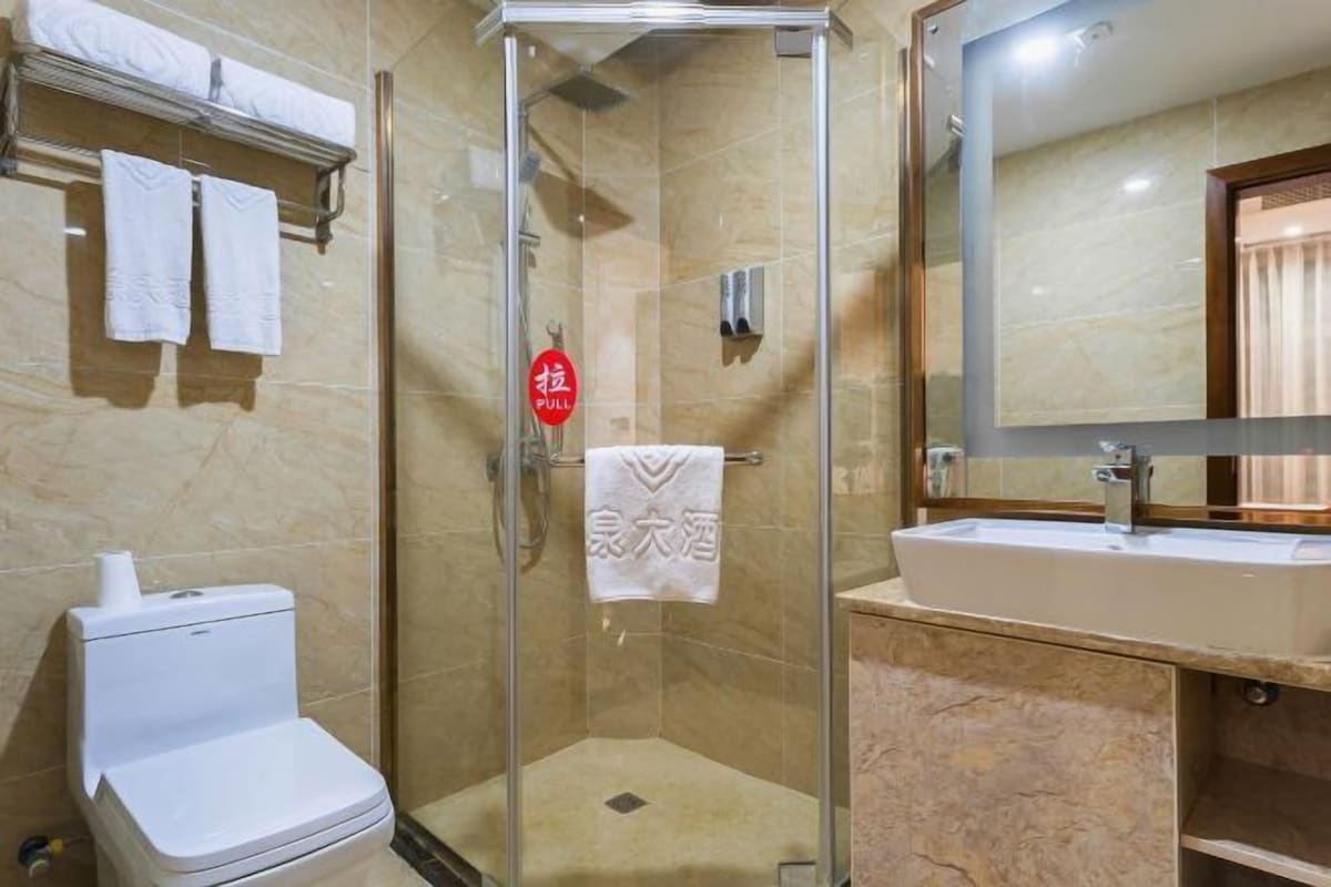 A bathroom with a glass-enclosed shower, a white toilet, and a sink with a mirror.